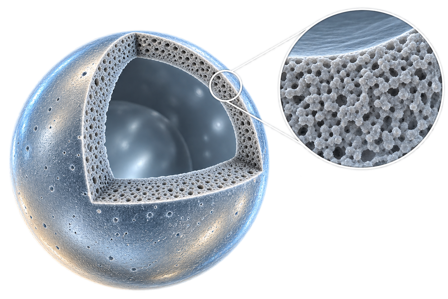 Cutaway visualization supplied by SpheroFill showing a smooth microsphere exterior, porous wall, and hollow internal cavity.