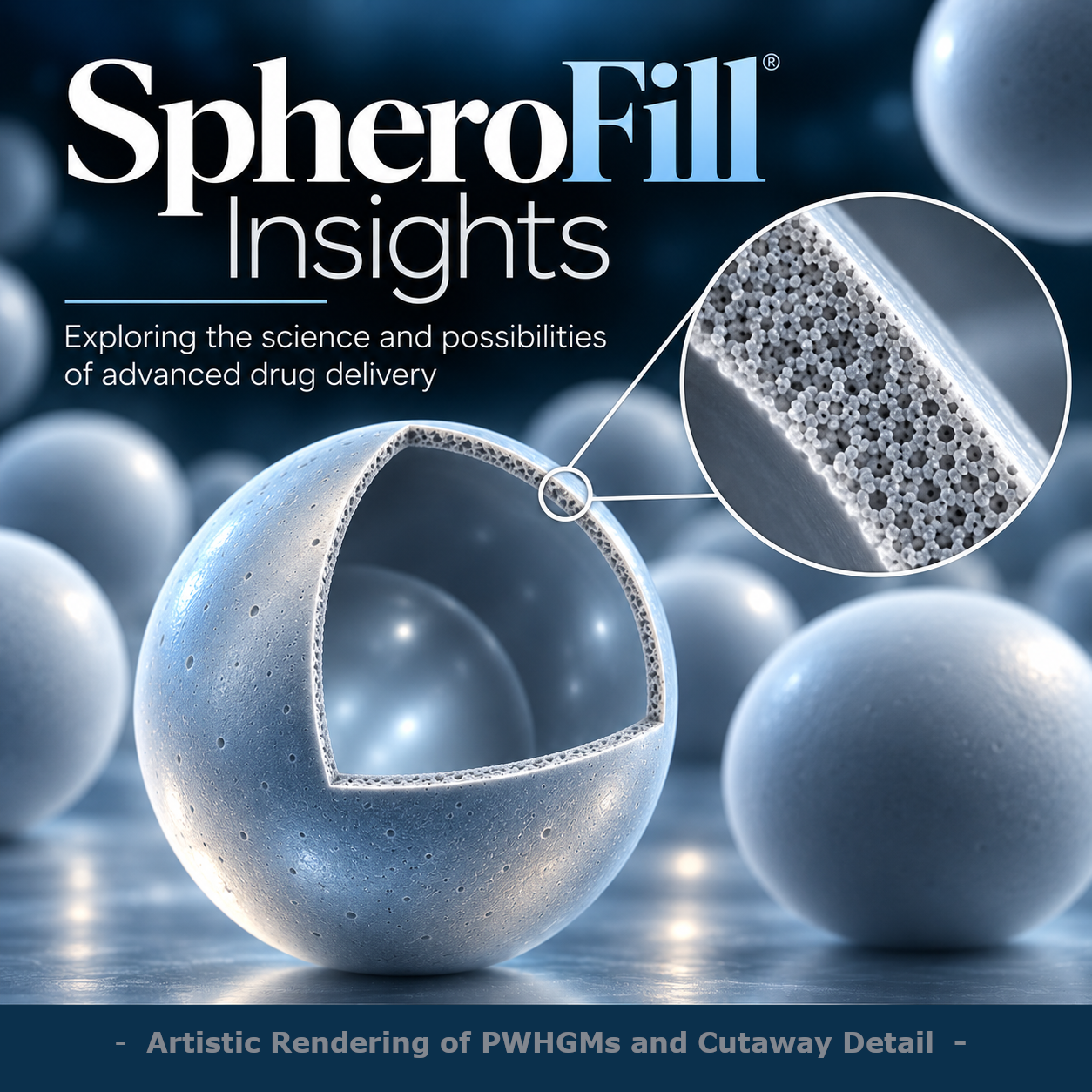 SpheroFill Insights podcast artwork: hollow microsphere with magnified porous wall